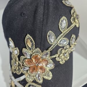 NWT Embellished Black Baseball Cap with Gold and Amber Floral Accents
